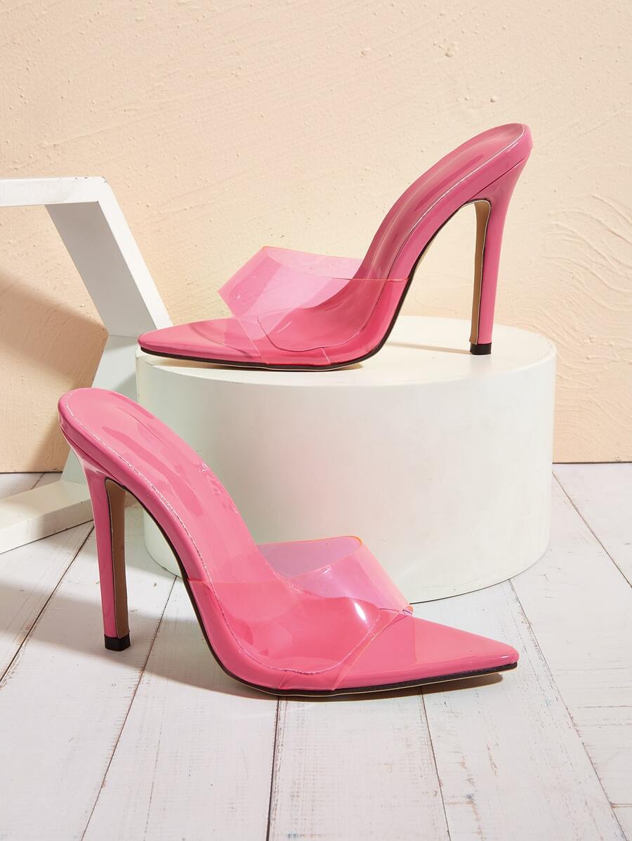 Clear Strap Stiletto Heeled Mule Sandals - Hot Pink - View 1