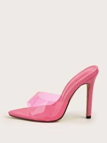 Clear Strap Stiletto Heeled Mule Sandals - Hot Pink - View 2