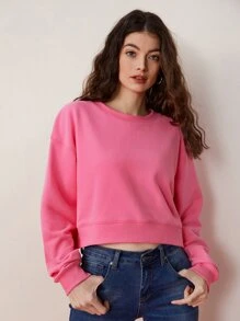 SHEIN BASICS Solid Drop Shoulder Sweatshirt - Hot Pink - View 6