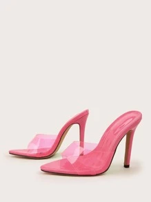 Clear Strap Stiletto Heeled Mule Sandals - Hot Pink - View 3