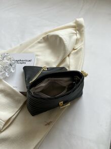 鋸齒紋衍縫鏈條翻蓋方包 - 黑色 - 查看 3