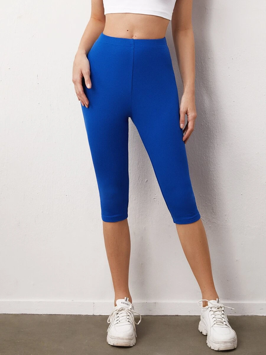 SHEIN BASICS Solid High Waist Capri Leggings - Royal Blue - View 1