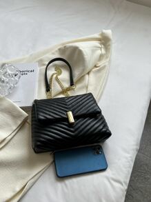 鋸齒紋衍縫鏈條翻蓋方包 - 黑色 - 查看 4