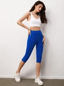 SHEIN BASICS Solid High Waist Capri Leggings - Royal Blue - View 5