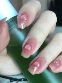 24pcs Daily Short Square Shape Nail Nails Pink Blush Smudge 3D Heart Press On Nails Acrylic Nails Fake Nails Nails Manicure Set Includes 1sheet Adhesive Tabs & 1pc Mini File Perfect For Everyday Wear - Multicolor - View 1