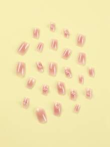 24pcs Daily Short Square Shape Nail Nails Pink Blush Smudge 3D Heart Press On Nails Acrylic Nails Fake Nails Nails Manicure Set Includes 1sheet Adhesive Tabs & 1pc Mini File Perfect For Everyday Wear - Multicolor - View 4