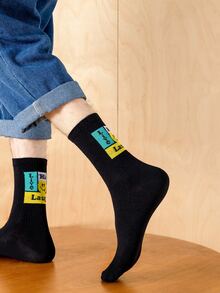Hombres Calcetines de tripulación con estampado de letra - Negro - Ver 3