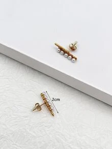 2入組珍珠耳釘 - 金黃色 - 查看 3