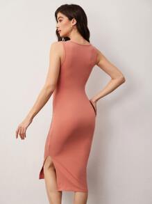 SHEIN BASICS Solid Split Thigh Tank Dress - Coral Pink - View 2