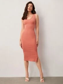 SHEIN BASICS Solid Split Thigh Tank Dress - Coral Pink - View 4