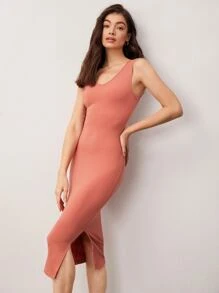 SHEIN BASICS Solid Split Thigh Tank Dress - Coral Pink - View 5