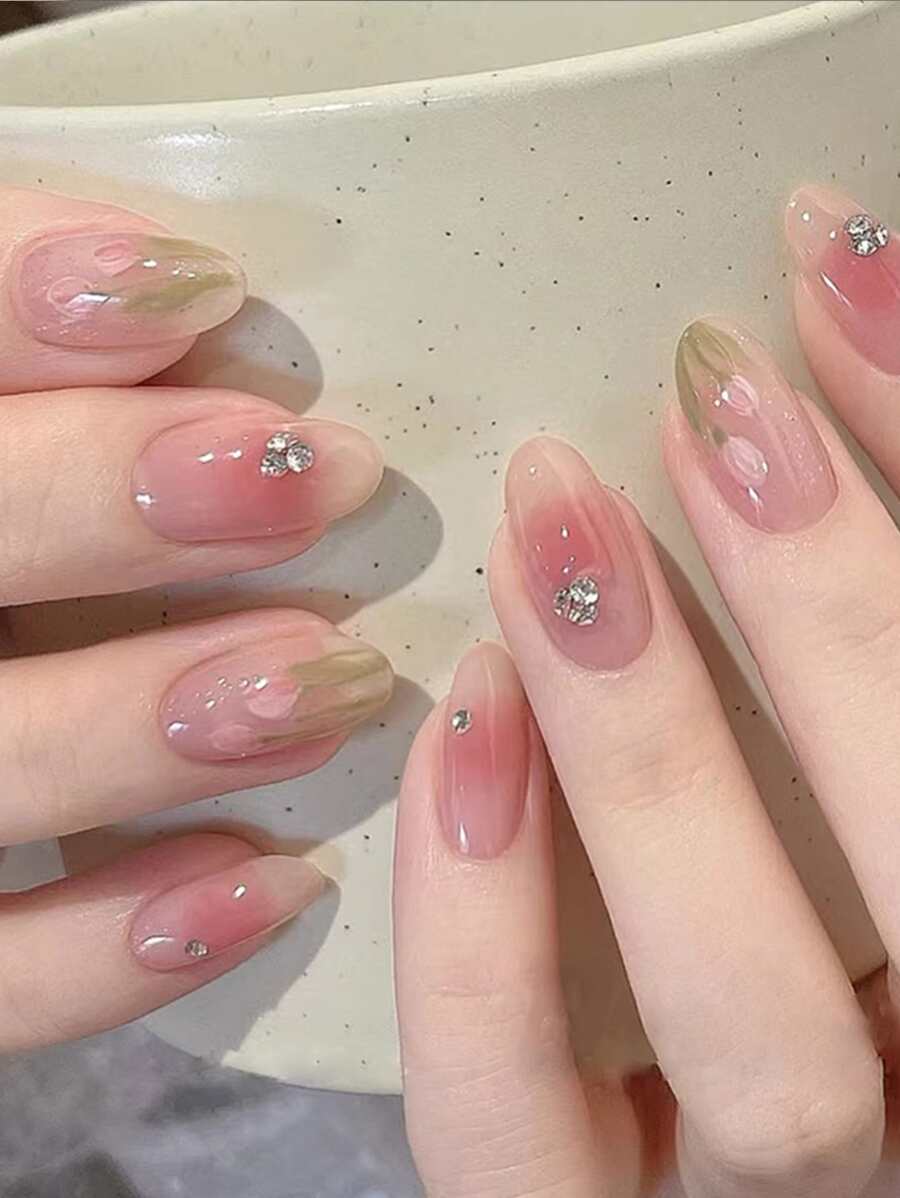 Instantly Upgrade Your Look With 24Pcs Long Oval Blush Rhinestone Floral Pattern Fake Nail & 1Sheet Tape & 1Pc Nail File Press On Nails Nail Supplies Nails - Multicolor - View 1