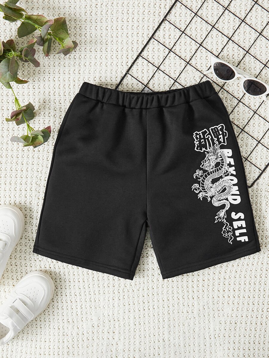 SHEIN 女孩龍和字母圖案短褲
