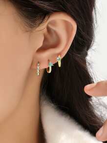 3 cái/bộ Bông tai hình khuyên trang trí màu ngọc lam & đá khối Zirconia - Vàng - Xem 1