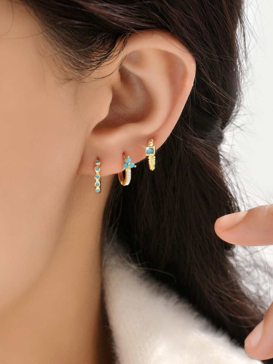 3 cái/bộ Bông tai hình khuyên trang trí màu ngọc lam & đá khối Zirconia - Vàng - Xem 1