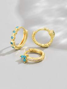 3 cái/bộ Bông tai hình khuyên trang trí màu ngọc lam & đá khối Zirconia - Vàng - Xem 2