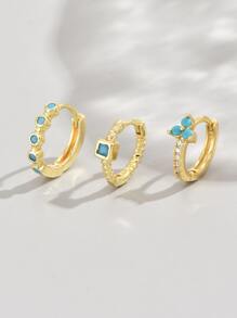 3 cái/bộ Bông tai hình khuyên trang trí màu ngọc lam & đá khối Zirconia - Vàng - Xem 4