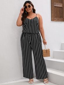 SHEIN LUNE 大碼條紋印花吊帶上衣和闊腿褲 - 黑色 - 查看 1
