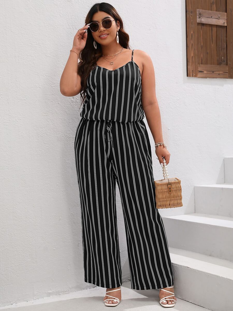 SHEIN LUNE 大碼條紋印花吊帶上衣和闊腿褲 - 黑色 - 查看 1