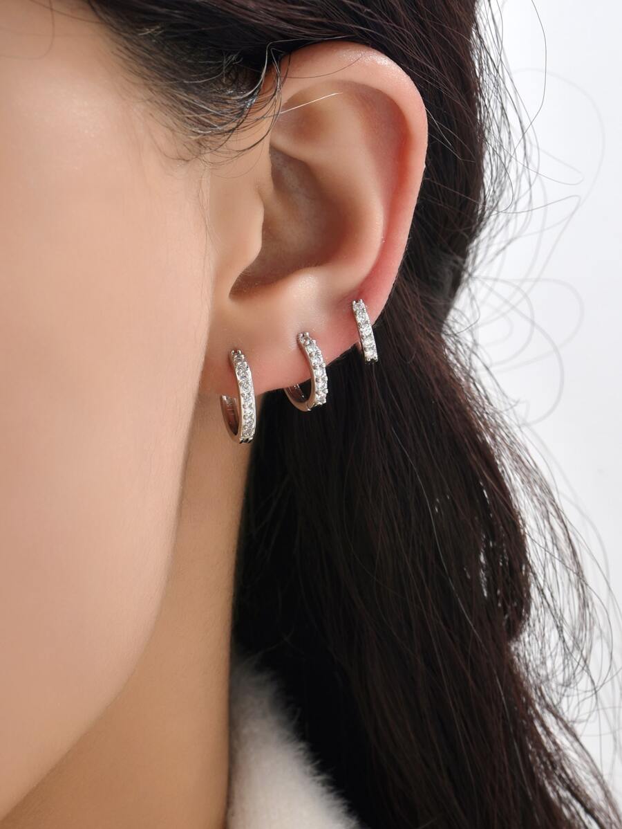 3pcs Cubic Zirconia Decor Hoop Earring - Silver - View 1