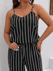 SHEIN LUNE 大碼條紋印花吊帶上衣和闊腿褲 - 黑色 - 查看 3