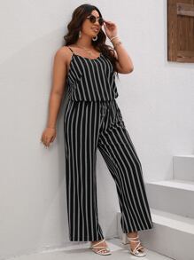 SHEIN LUNE 大碼條紋印花吊帶上衣和闊腿褲 - 黑色 - 查看 5