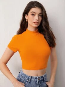 SHEIN BASICS Mock Neck Solid Crop Tee - Orange - View 3
