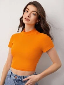 SHEIN BASICS Mock Neck Solid Crop Tee - Orange - View 5