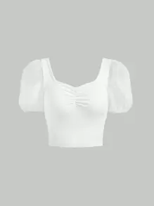 SHEIN MOD Contrast Mesh Puff Sleeve Ruched Bust Tee - White - View 1