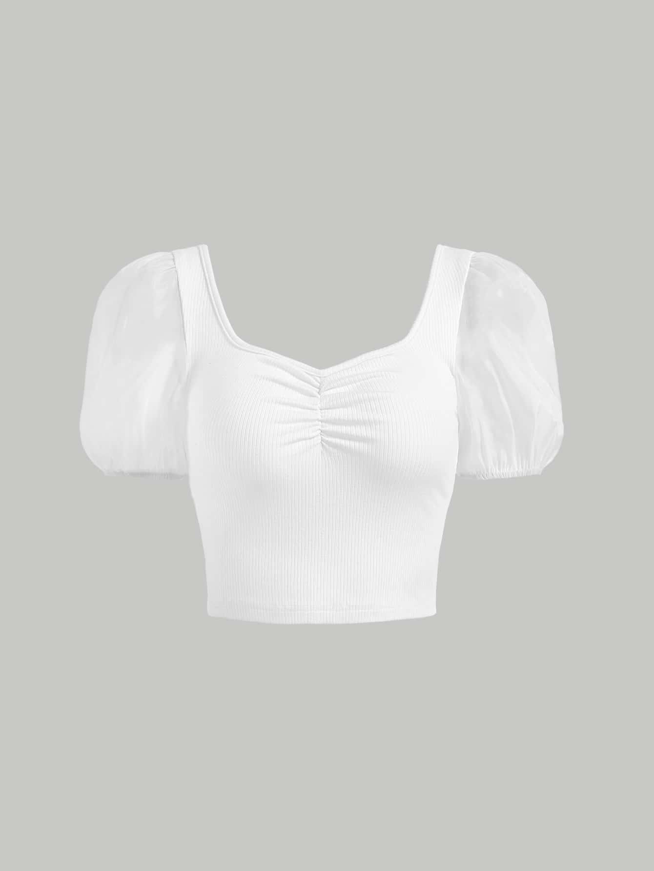 SHEIN MOD Contrast Mesh Puff Sleeve Ruched Bust Tee - White - View 1