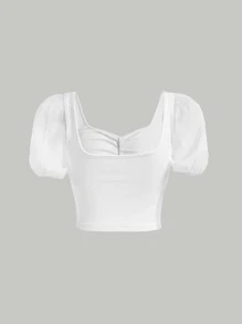 SHEIN MOD Contrast Mesh Puff Sleeve Ruched Bust Tee - White - View 2