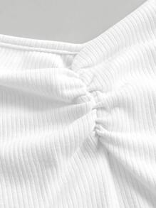 SHEIN MOD Contrast Mesh Puff Sleeve Ruched Bust Tee - White - View 3