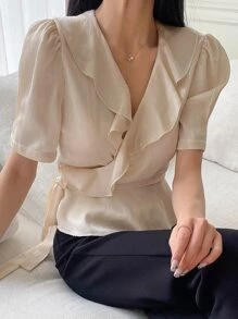 DAZY Ruffle Trim Puff Sleeve Knot Side Wrap Blouse - Apricot - View 1