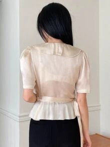 DAZY Ruffle Trim Puff Sleeve Knot Side Wrap Blouse - Apricot - View 2