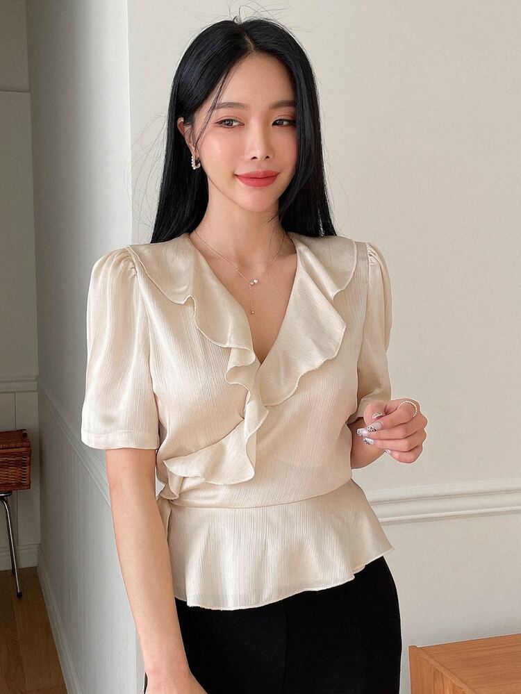 DAZY Ruffle Trim Puff Sleeve Knot Side Wrap Blouse - Apricot - View 3