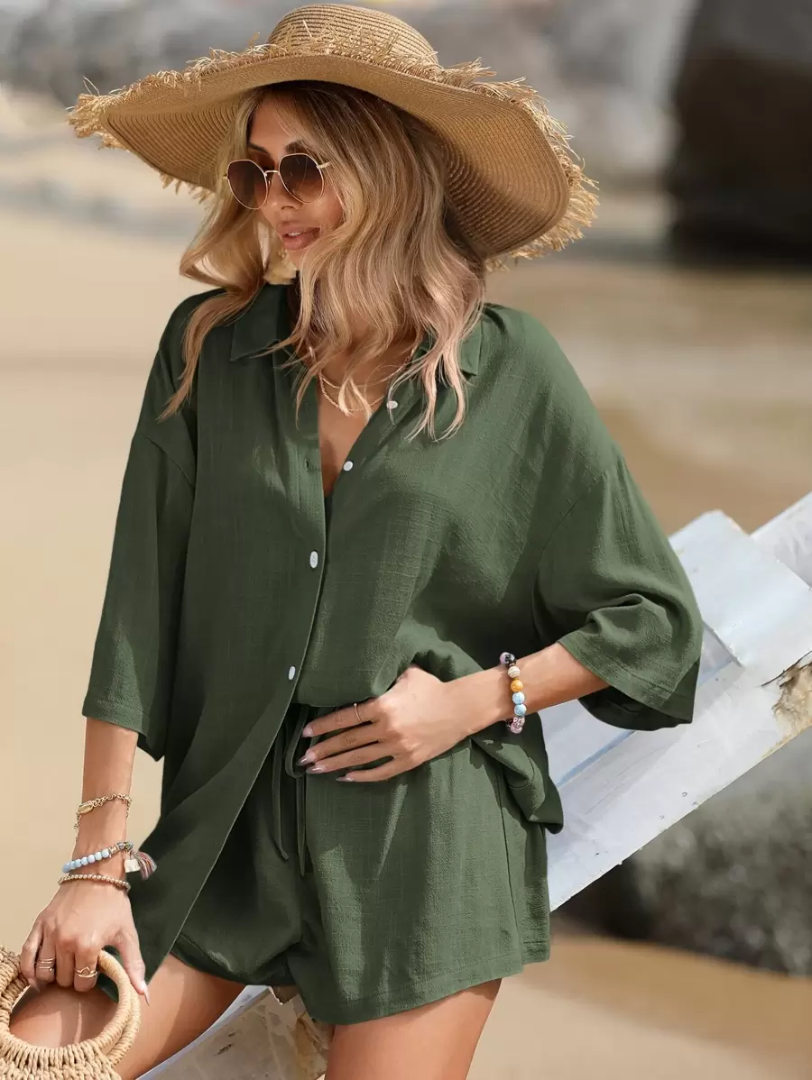 SHEIN VCAY Bộ đồ hai mảnh nữ Nút phía trước màu trơn Giải trí - xanh quân đội - Xem 1