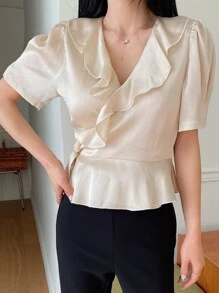 DAZY Ruffle Trim Puff Sleeve Knot Side Wrap Blouse - Apricot - View 4