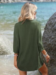 SHEIN VCAY Bộ đồ hai mảnh nữ Nút phía trước màu trơn Giải trí - xanh quân đội - Xem 2