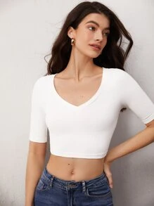 SHEIN BASICS Solid V-Neck Short Sleeves Crop Tee - White - View 1