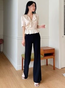 DAZY Ruffle Trim Puff Sleeve Knot Side Wrap Blouse - Apricot - View 5