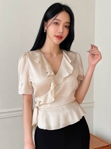 DAZY Ruffle Trim Puff Sleeve Knot Side Wrap Blouse - Apricot - View 6