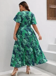 SHEIN VCAY Plus Tropical Print Butterfly Sleeve Knot Side Dress - Dark Green - View 2