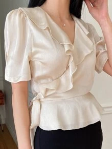 DAZY Ruffle Trim Puff Sleeve Knot Side Wrap Blouse - Apricot - View 7