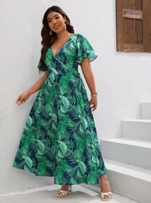 SHEIN VCAY Plus Tropical Print Butterfly Sleeve Knot Side Dress - Dark Green - View 3