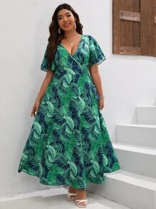 SHEIN VCAY Plus Tropical Print Butterfly Sleeve Knot Side Dress - Dark Green - View 4