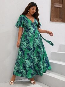 SHEIN VCAY Plus Tropical Print Butterfly Sleeve Knot Side Dress - Dark Green - View 5