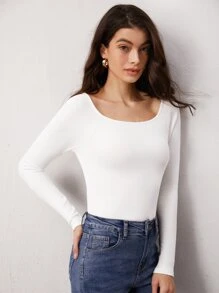 SHEIN BASICS Solid Scoop Neck Long Sleeves Tee - White - View 1