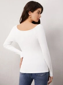 SHEIN BASICS Solid Scoop Neck Long Sleeves Tee - White - View 2
