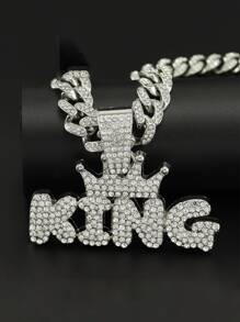 Men Rhinestone Crown & Letter Pendant Necklace For A Stylish Look Gift For Party - Silver - View 1