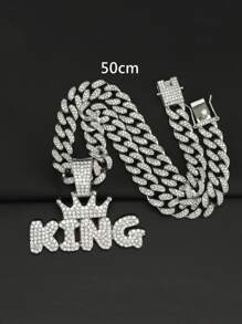 Men Rhinestone Crown & Letter Pendant Necklace For A Stylish Look Gift For Party - Silver - View 3